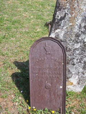 100_1626.jpg
This is the grave marker for James F. Wolfe, B. July 12, 1837 and D. October 29, 1862.  It is unusual in that it is a metal marker.  Photo April 23, 2006 by Jeff Weaver.
