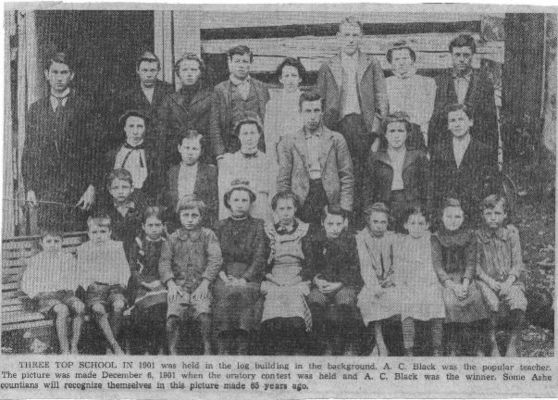 3topsch.jpg
An early 20th century photo of the Three Top School, courtesy of Warren Houck.  Some might like to read A. B. Hurt's book on [url=http://www.lulu.com/content/102305]Educational Development in Ashe County[/url]
