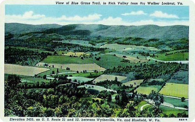 Bland - Blue Grass Trail
This 1953 postcard shows the Blue Grass Trail near Bland.  The image was probably taken from atop Walker Mountain.
