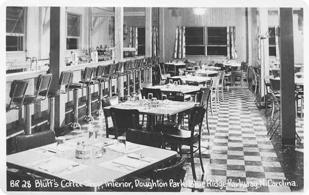 Doughton Park - Bluff's Coffee Shop
This is a 1950s postcard view of the Bluff's Coffee Shop in the Doughton State Park along the Blue Ridge Parkway.
