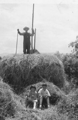 Bonham, Joseph; Purkey, Diana and Delbert
Diana and Delbert Purkey, children of Bob and Trula Purkey with their great-grand uncle Joseph Bonham, who is stacking hay on his farm near Troutdale. Courtesy of Trula Fay Purkey.
