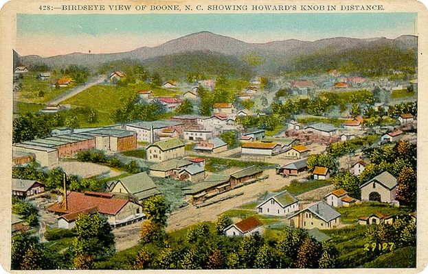 Boone - Bird's Eye View
This is a hand water-colored postcard showing Boone and Howards Knob, executed about 1910.
