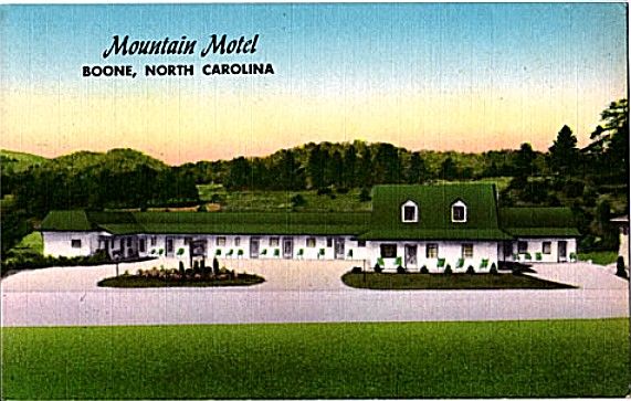 boonemountainmotel.jpg
This 1950s postcard depicts the Mountain Motel in Boone.  This type of motel was popular in the 1950s and 1960s as more and more families began to travel around the country.
