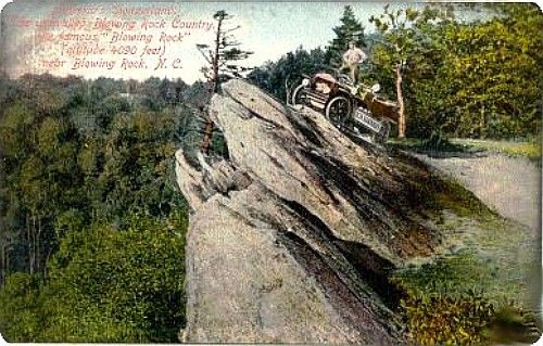 Blowing Rock - Blowing Rock
This postcard with a copyright date of 1909 shows an early horseless carriage attempting to climb Blowing Rock.
