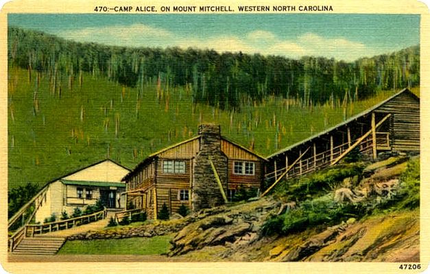 Mount Mitchell - Camp Alice
Located on the side of Mount Mitchell, this image is from a 1940s era postcard.  The [url=http://www.hikewnc.info/trailheads/mitchell/guidedhikes/campalice.html]HikeWNC website[/url] has some additional information.
