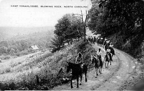 Blowing Rock - Camp Yonolosse
This circa 1915 real photo postcard shows a group of early tourists riding horseback at Camp Yonolosse, near Blowing Rock.
