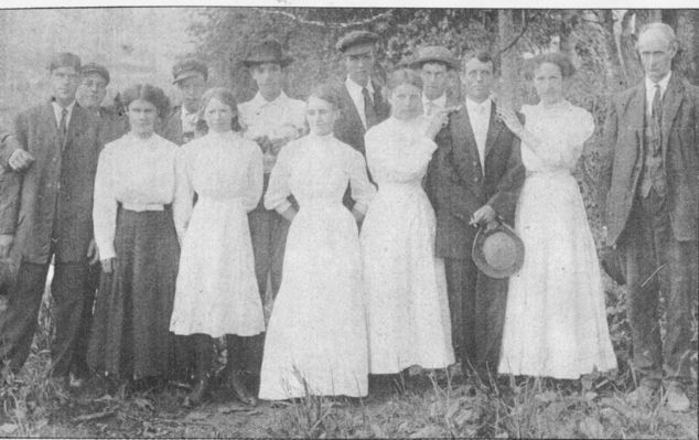 davisclaudeetal.jpg
This photo dates from 1910-11.  left to right Front row, Alice Thompson, Lucy Hart, Sissy Lyles, Blanche Hart, Claude Davis, Bert Ball,  and Jim Thomas.  Back row:  Tom Dunn, Jake Ball,m Gil Smith, Jess Ball, Jim Terry, and Albert Thomas.  Courtesy of Pauline Haga.
