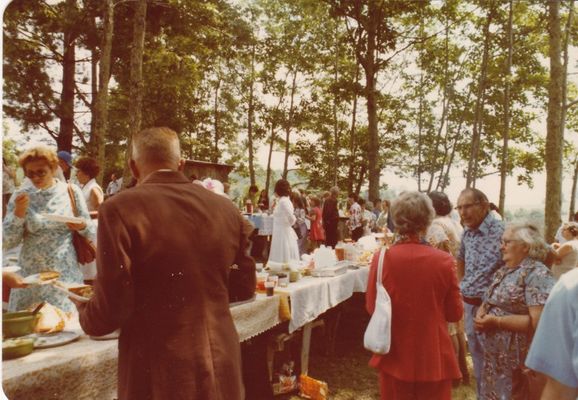 dinnerongrounds.jpg
This image shows part of the dinner on the grounds at Haw Orchard cemetery decoration, August 13, 1978,  Photo by Jeff Weaver
