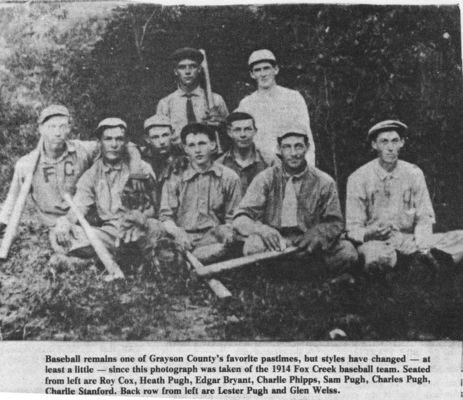 foxbaseball1914.jpg
This is a 1914 photo of the Fox Creek Baseball team.  In the days before Television, many rural communites fielded teams to compete against those in neighboring areas.
