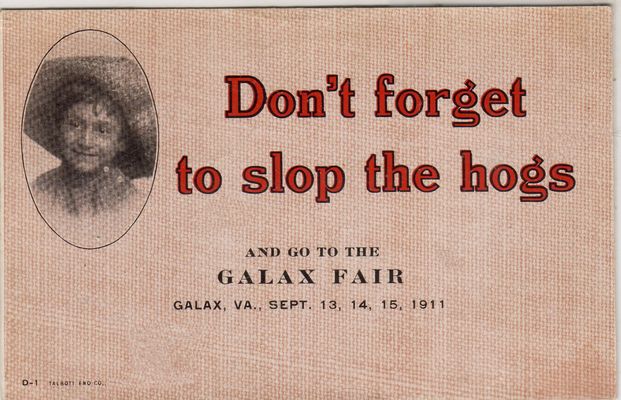 Galax - Galax Fair Ad
This postcard advertizes the 1911 Galax Fair.  I think it is hillarious.
