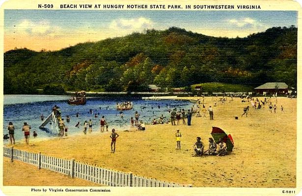 Marion - Hungry Mother State Park
This  1957 postcard shows the beach at Hungry Mother State PArk, near Marion.
