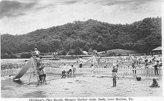 hmbeach1940s.jpg
This 1940s photo postcard of Hungry Mother Park shows the Children's play beach.
