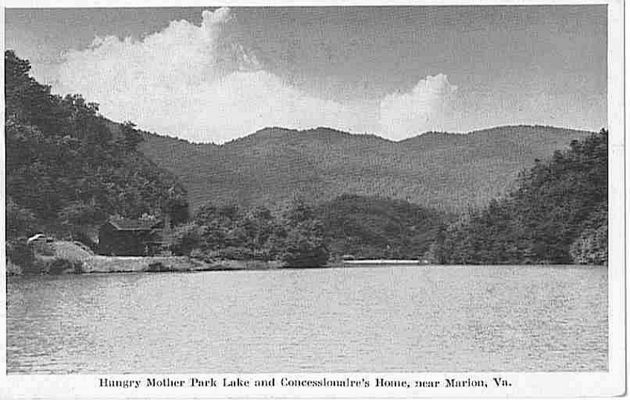 hmlake.jpg
This 1940 real photo postcard shows the Hungry Mother Lake and Consessionaire's home.
