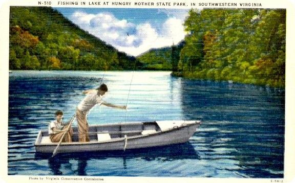 hungrymotherfishing.jpg
Boys bass fishing in Hungry Mother Lake is from a 1940s era linen postcard.
