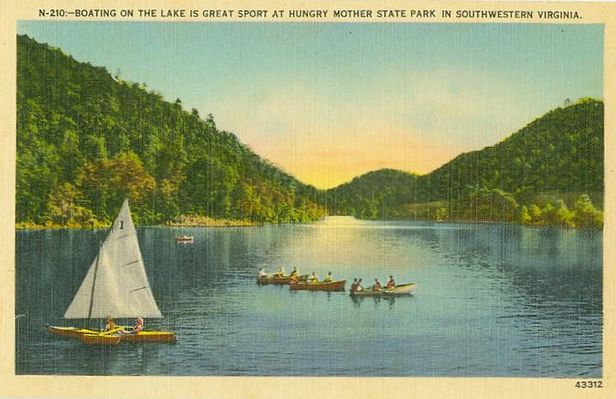 hungrymotherpark6.jpg
This circa 1940 postcard shows canoes and sail boats on Hungry Mother Lake, north of the town of Marion.
