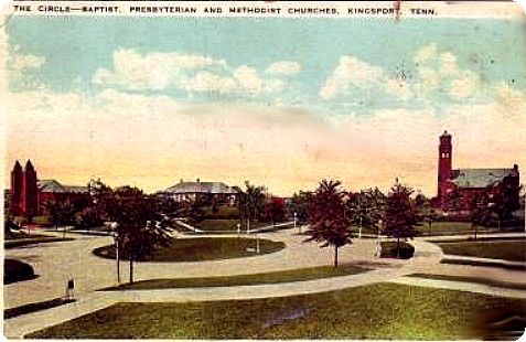 Kingsport - Church Circle
Tbis 1927 postcard shows the Baptist, Methodist and Presbyterian Churches in the Model City.
