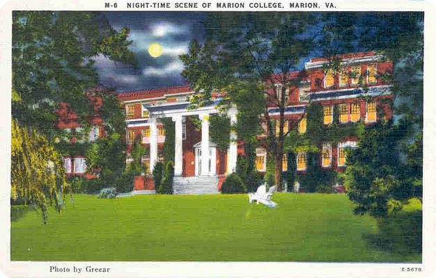 marioncollege.jpg
Located in Marion, VA, this Lutheran School is protrayed at night in this mid-20th century post card.  Goodridge Wilson wrote a [url=http://www.lulu.com/content/95296] History of Marion College[/url] in 1948.
