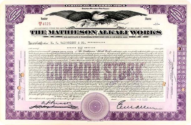 Saltville - Mathieson Alkali Works Stock Certoficate
Fromth 1930s
