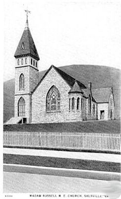 Saltville - Madam Russell Memorial Methodist Episcopal Church South
This postcard dates from the 1920s.  Note the picket fence in the foreground which no longer is there.
