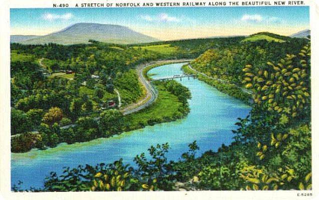 newriverrr.jpg
This 1940s postcard shows the line of the Norfolk and Western Railroad near Warrensville, NC.
