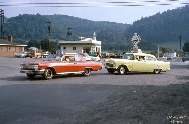 nunnbjracing.jpg
B. J. NUNN RACING TEAM HEADING FOR THE HUDSON, N. C. DRAGSTRIP.
 
THE CITIES SERVICE IN THE BACKGROUND IS WHERE TODD'S IS NOW.
 
THE RED CAR WAS A '62 CHEVY WITH A 409 ENGINE AND FACTORY FOUR IN THE FLOOR.
 
A WARM SEPTEMBER EVENING IN 1963.  Courtesy of Don Smith [email]dsmith1043@comcast.net[/email]
 
