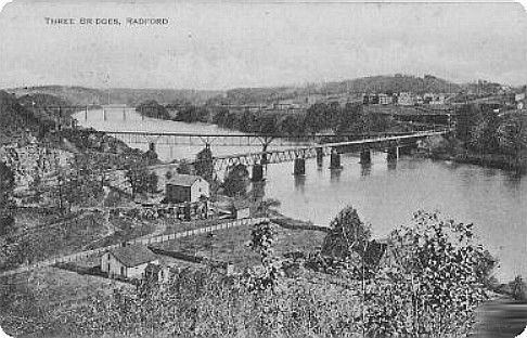 radford3bridges.jpg
This 1930s postcard shows three bridges crossing the New River into the City of Radford.
