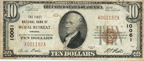 rr_10.jpg
This is a First National Bank of Rural Retreat $10 National Currency note, issued in 1933.
