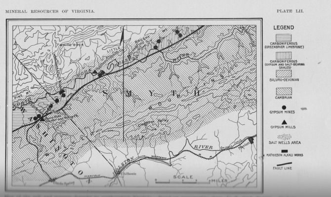 saltvillegeology.jpg
This map shows the salt and gypsum deposits around Saltville in Smyth and Washington counties.  Map dates from circa. 1905.
