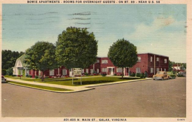 scan0008.jpg
 Here is a postcard that was written on 7 Dec. 1951 Top of Card:  Bowie Apartments-Rooms for Overnight Guests - on Rt 58 - near US 58  Bottom of card: 401-405 N.Main St, Galax, Virginia  (on back of card it says that Dr. & Mrs. Bowie was Managing Owner.
Courtesy of Irene Baldwin [email]ibaldi@erols.com[/email]

