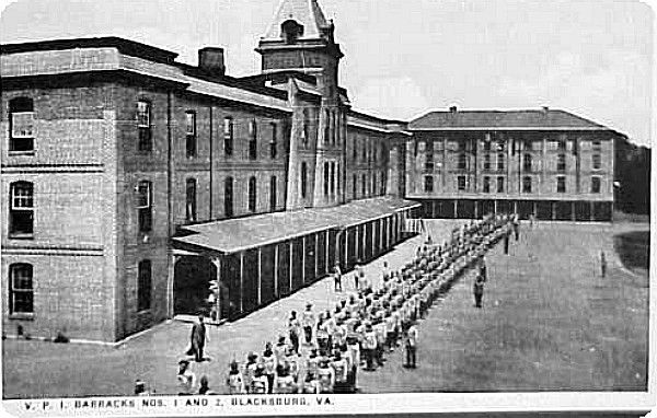 Blacksburg - Barracks 1 and 2
This 1917 postcard shows VPI Barracks 1 and 2 in the early stages of American involvement in World War I.
