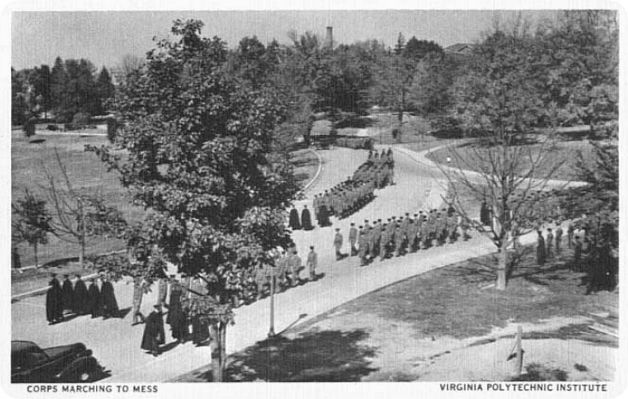 vpicorps.jpg
This 1940s photo postcard shows the corps of cadets marching to the mess hall.
