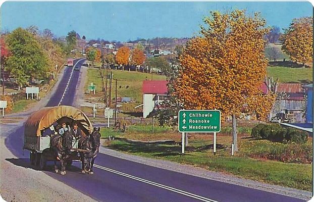 Emory - "Last Wagon West"
This 1961 postcard shows a recreation of a wagon leaving the east for California.  This photo was snapped on US 11 near Emory, VA.
