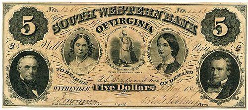 wytheville_51857.jpg
This is a Five dollar note issues by a Wytheville bank in 1857.
