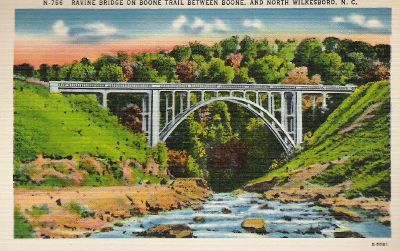 ravinebridge.jpg
This is a 1930-45 era post card of a bridge on the Boone Trail (Now US 321) between Wilkesboro and Boone.
