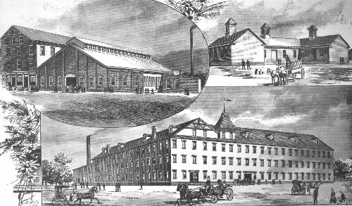 Olstein Woolen Mills and Clothing Factory (top left), Salem Gas Heater Works (top right);Chadwick Two-Wheeler Works (bottom)